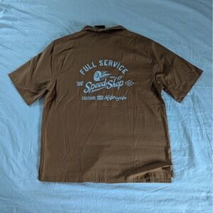 Lark & Owl Full Service‎ Speed Shop Graphic Camp Collar Shirt Brown Mens Sz M
